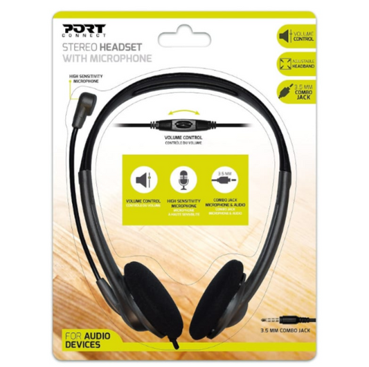 Port Stereo Headset with Mic with 1.2m Cable|1 x 3.5mm|Volume Controller – Black